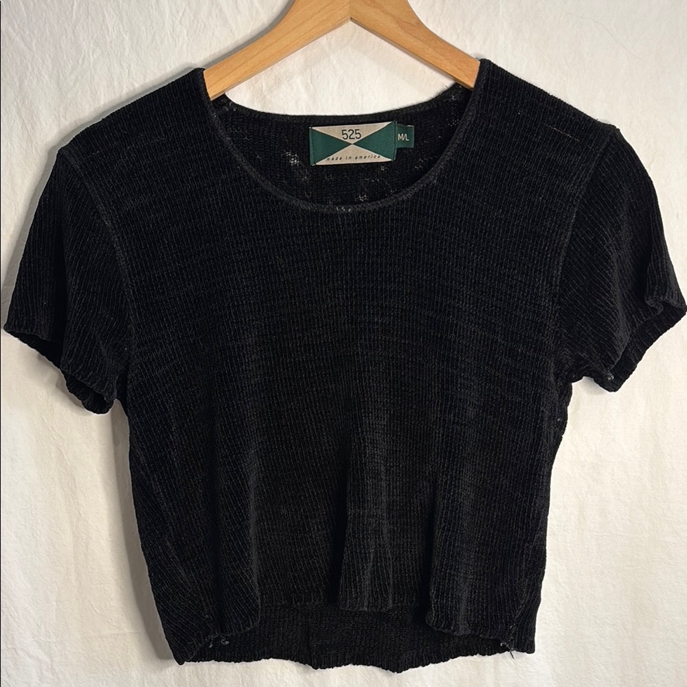 vintage 525 cropped black chenille knit tshirt M/L 90s